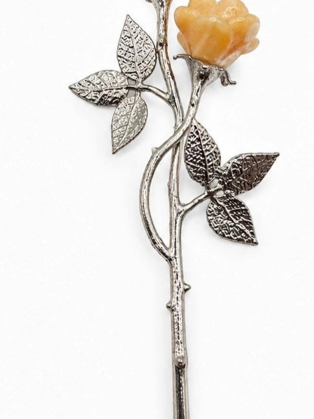 Crystal Rose Flower Stem Rose Quartz & Yellow Stone Silver Tone 7.4”